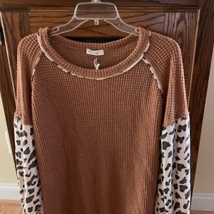 Boutique Waffle Knit Top with cow print sleeves